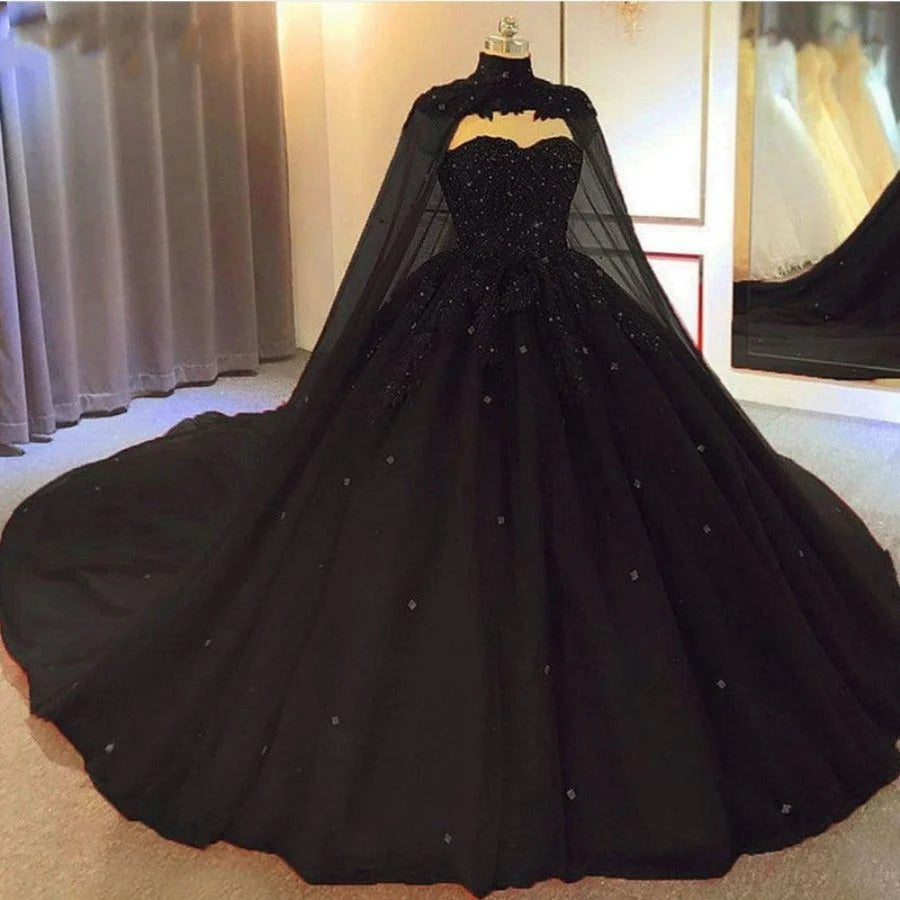 Beaira Black Tulle Ball Gwon Wedding Party Dress with Cap Black Lace Formal Gown prom dresses shops
