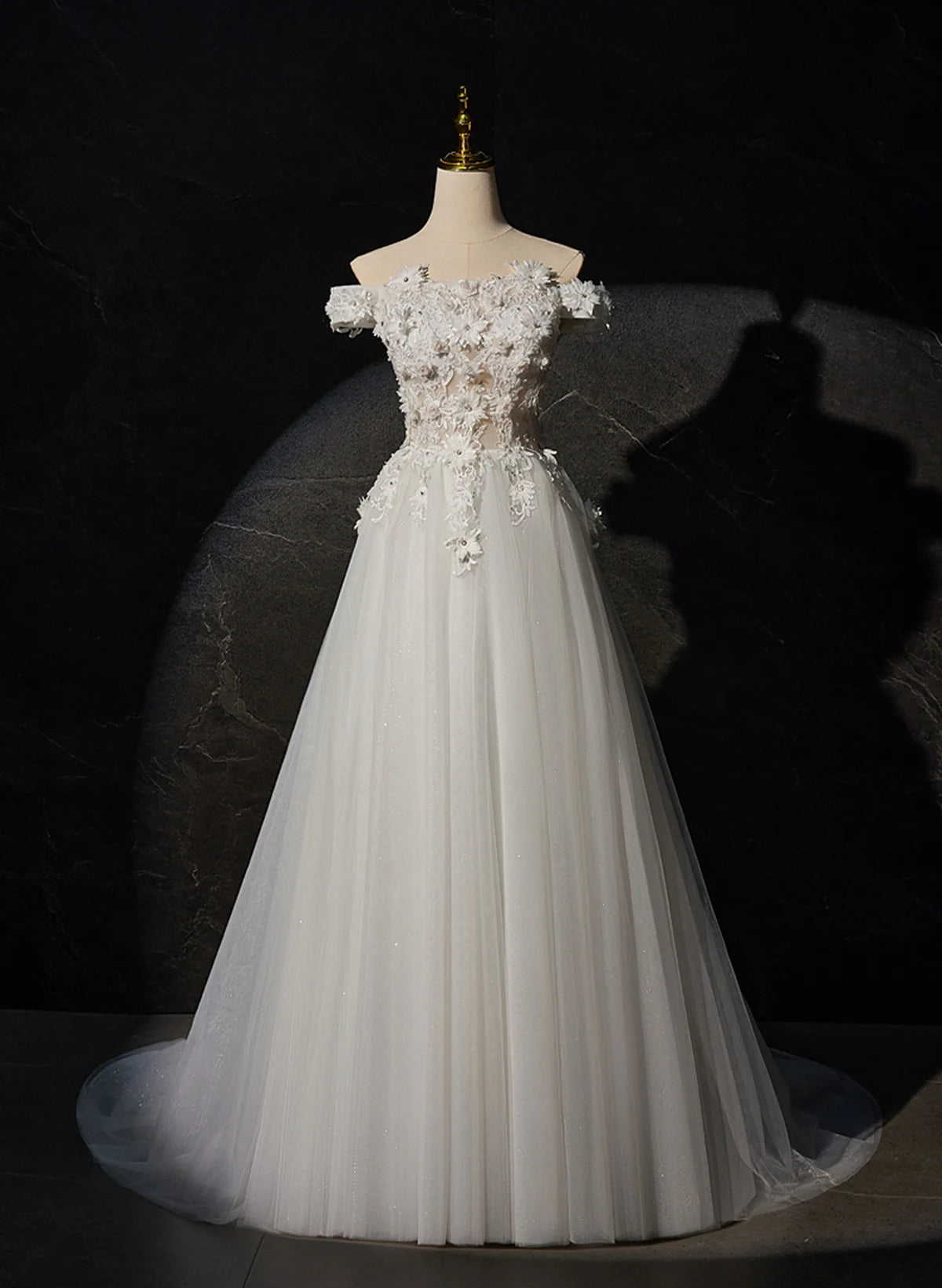 Beaira Off Shoulder White Flowers and Tulle Party Dress White Long Formal Dress Prom Dress