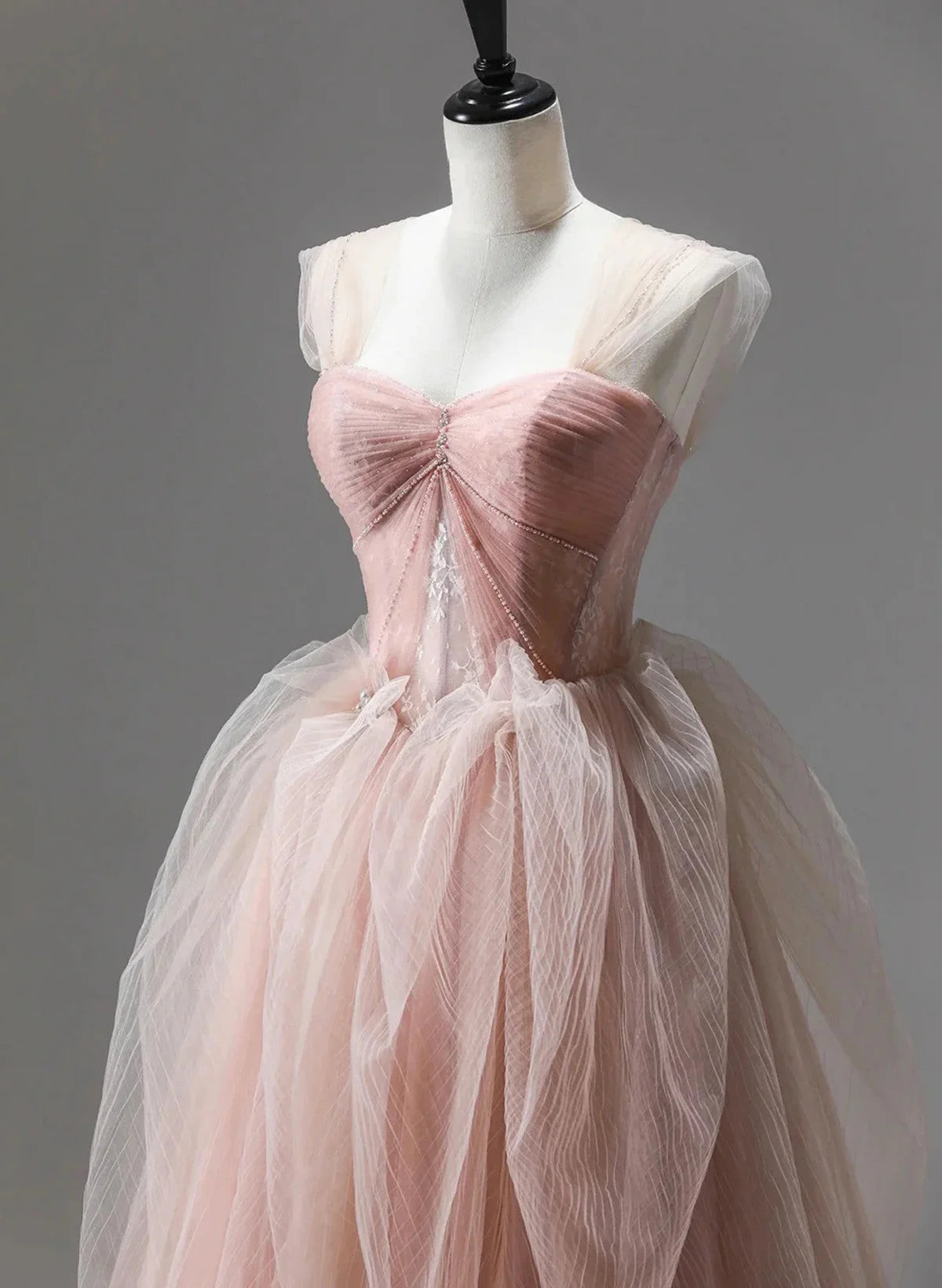 Beaira Pink Tulle Beaded Long Party Dress Prom Dress Pink Floor Length Formal Dress