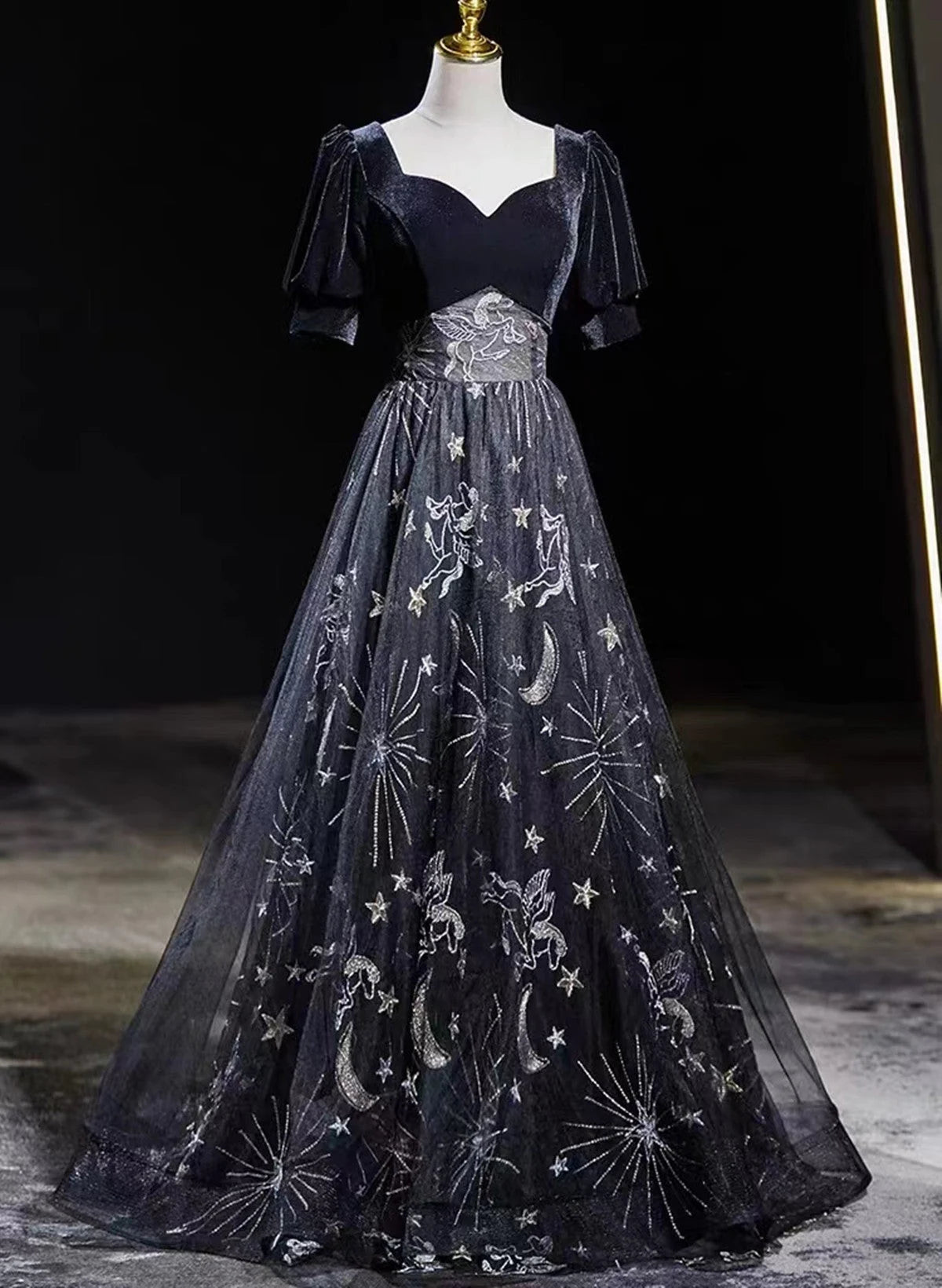 Beaira Black Tulle and Velvet A-line Long Party Dress Black Long Prom Dress