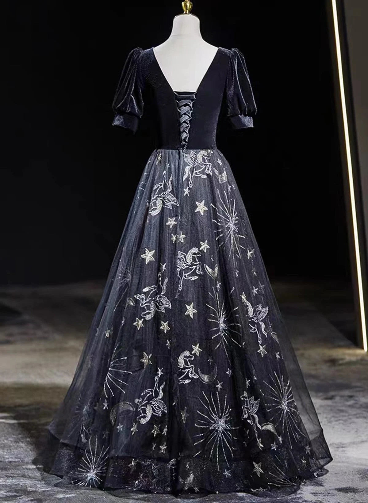 Beaira Black Tulle and Velvet A-line Long Party Dress Black Long Prom Dress