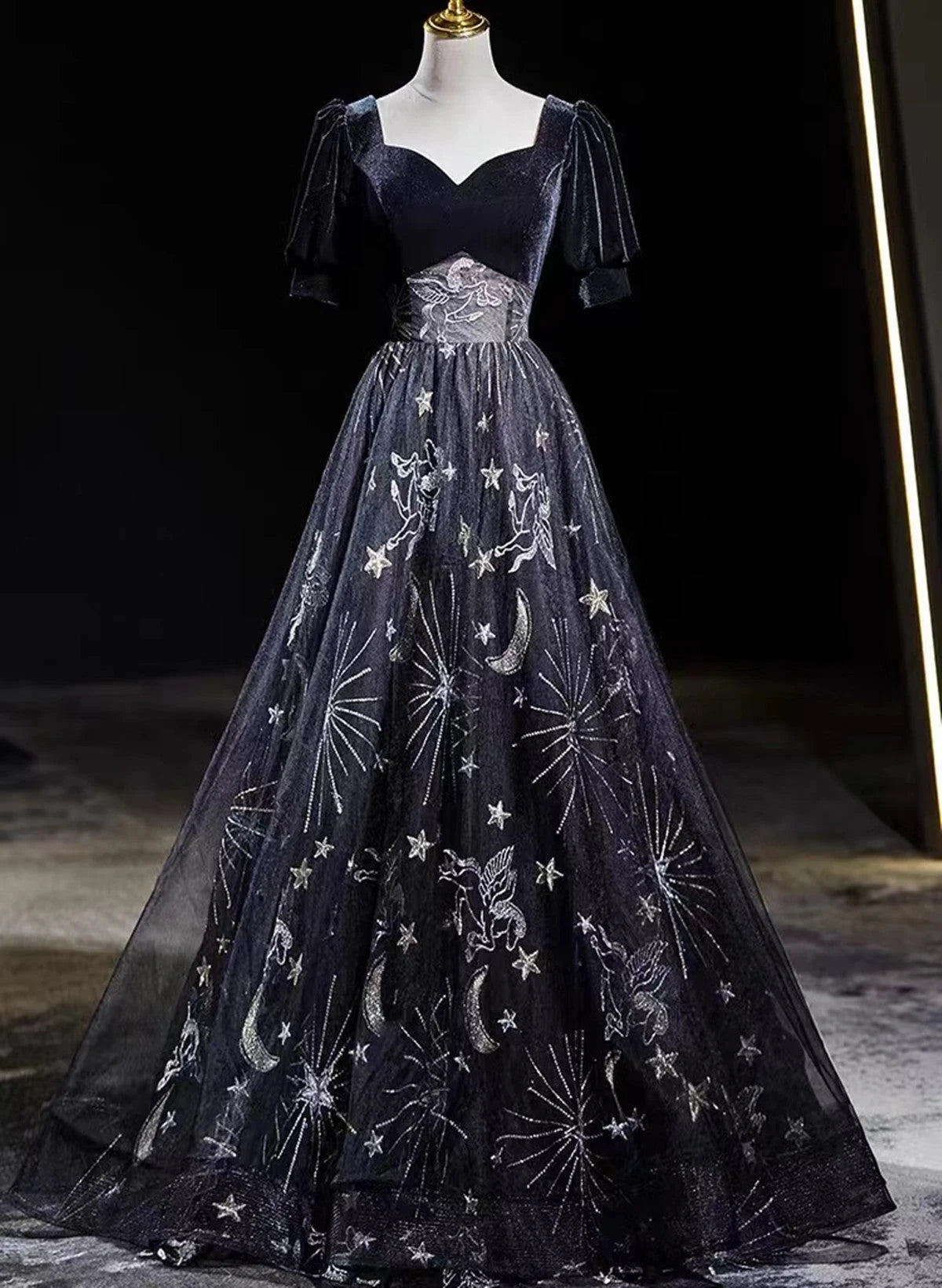 Beaira Black Tulle and Velvet A-line Long Party Dress Black Long Prom Dress