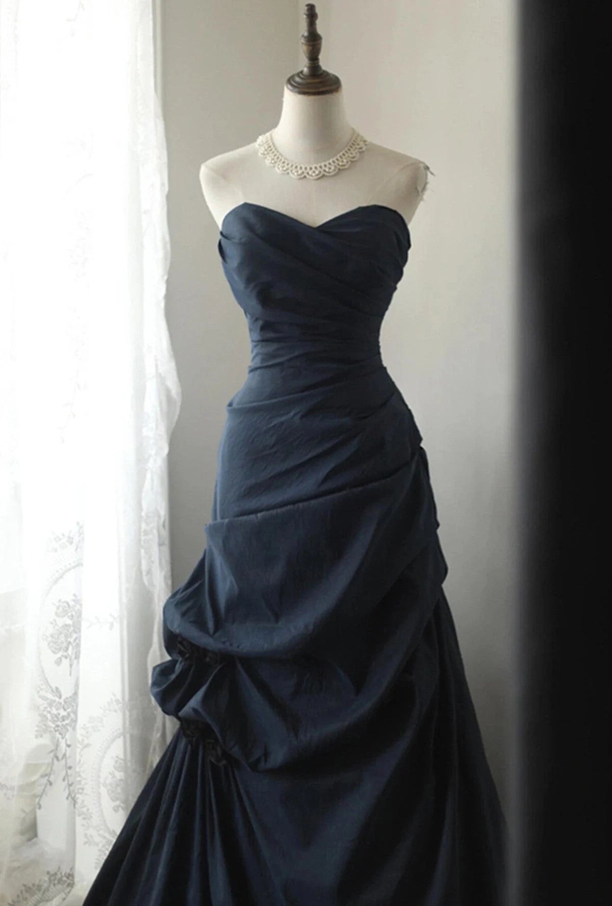 Beaira Dark Blue Vintage Style Taffeta Long Prom Dress Dark Blue Prom Dress