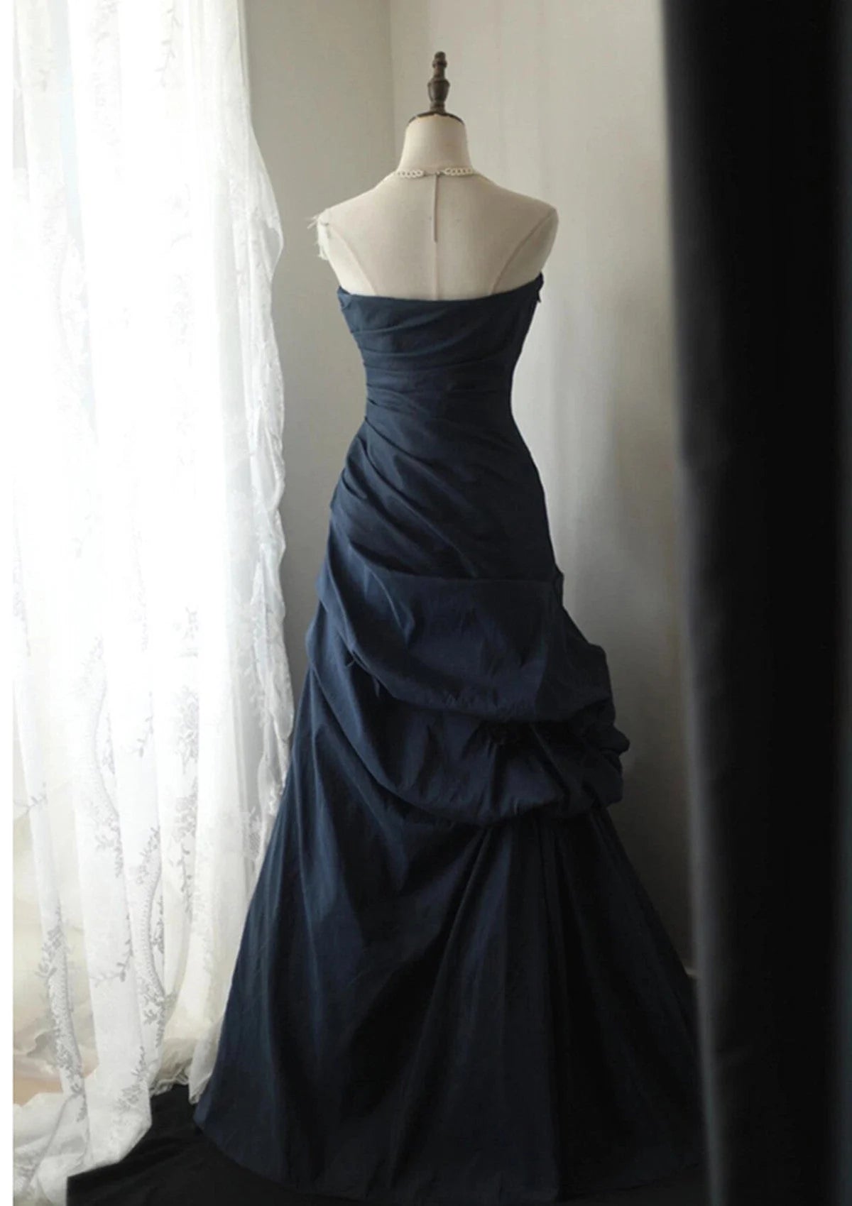 Beaira Dark Blue Vintage Style Taffeta Long Prom Dress Dark Blue Prom Dress