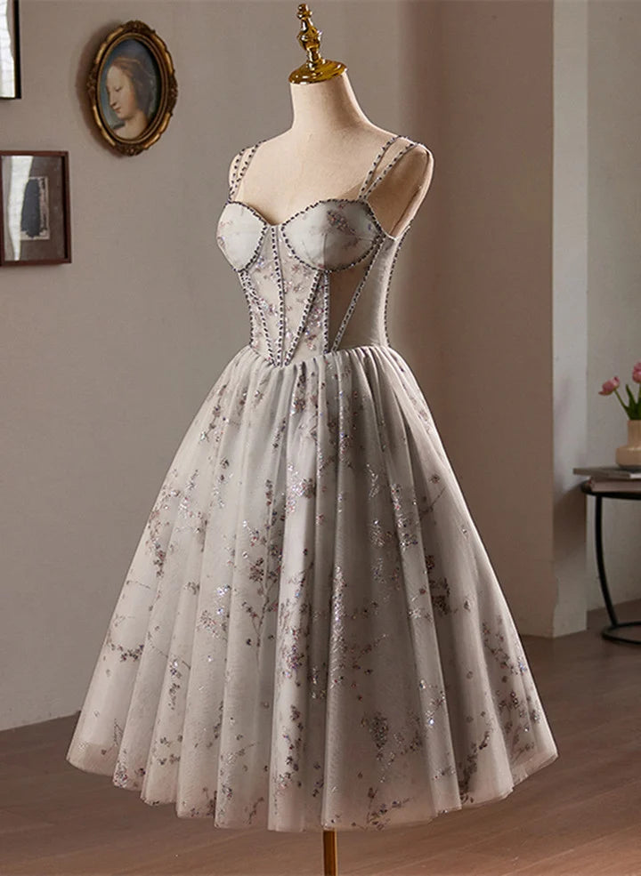 Beaira Grey Sweetheart Tulle Beaded Straps Homecoming Dress Grey Tulle Prom Dress