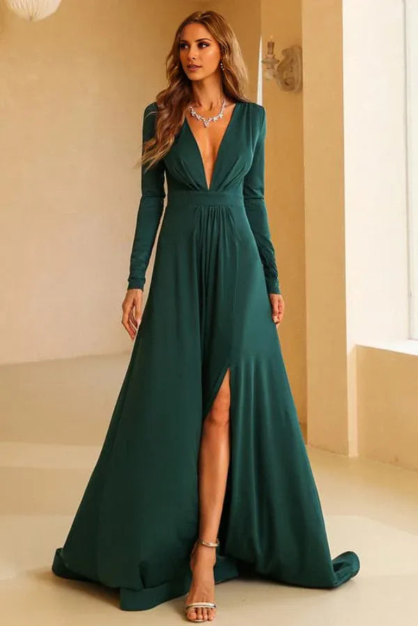 Beaira Dark Green Long Sleeve A-Line Plunging Evening Dresses formal wear dresses - Dark Green