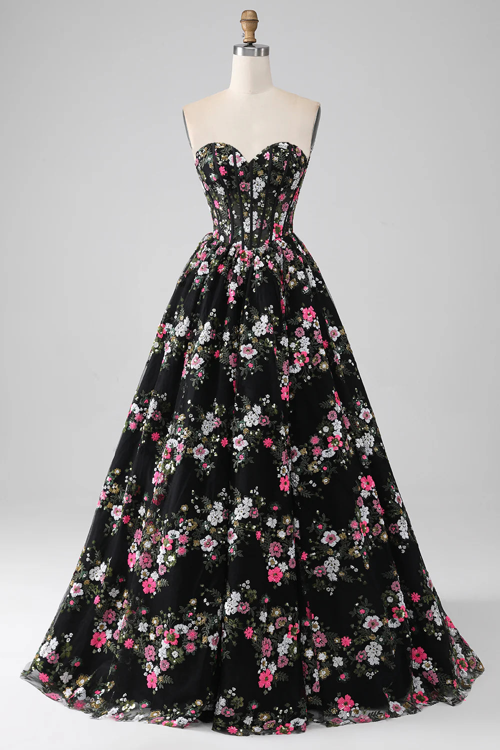 Black A Line Sweetheart Corset Prom Dress with Appliques