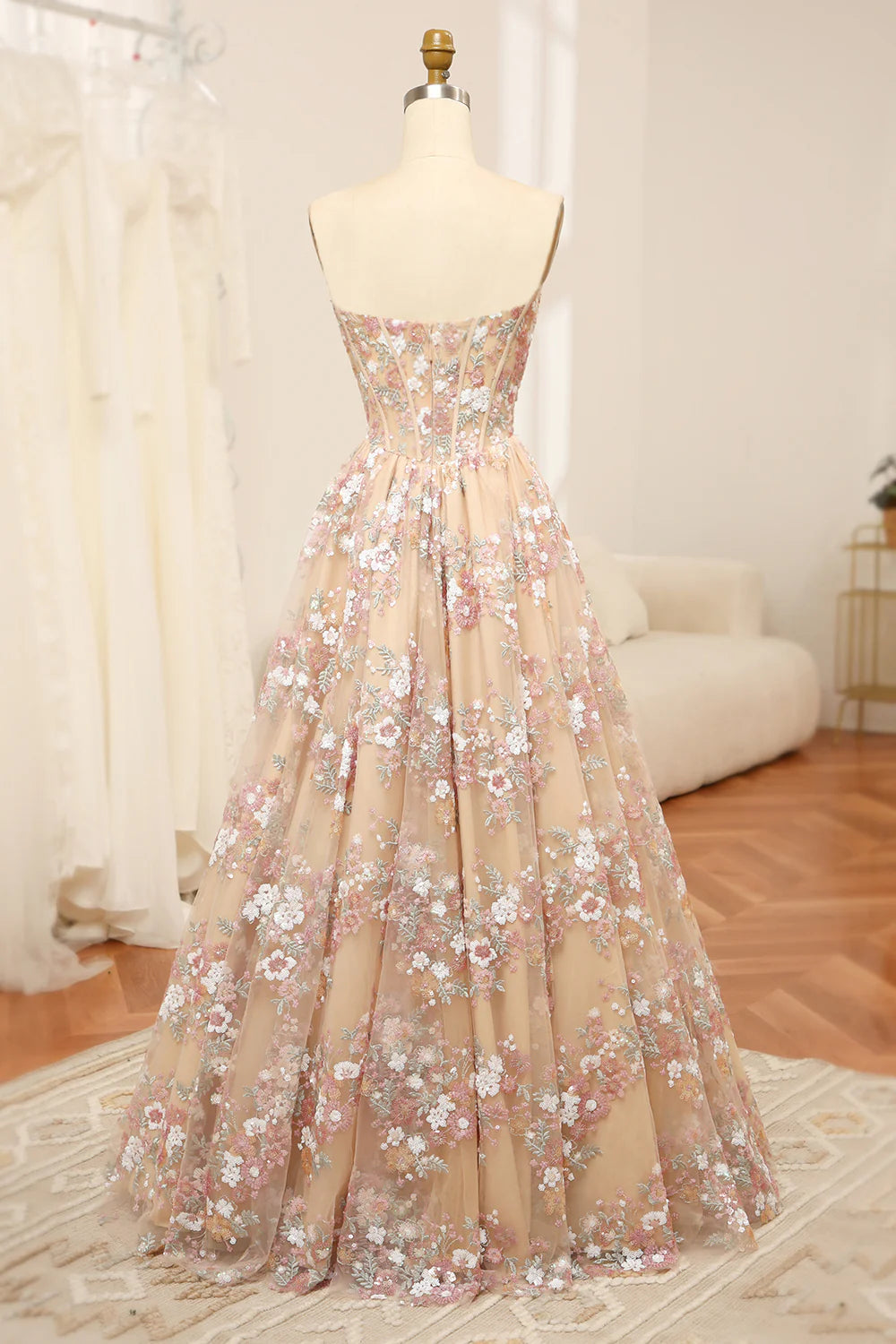 Champagne A Line Sweetheart Corset Prom Dress with Appliques