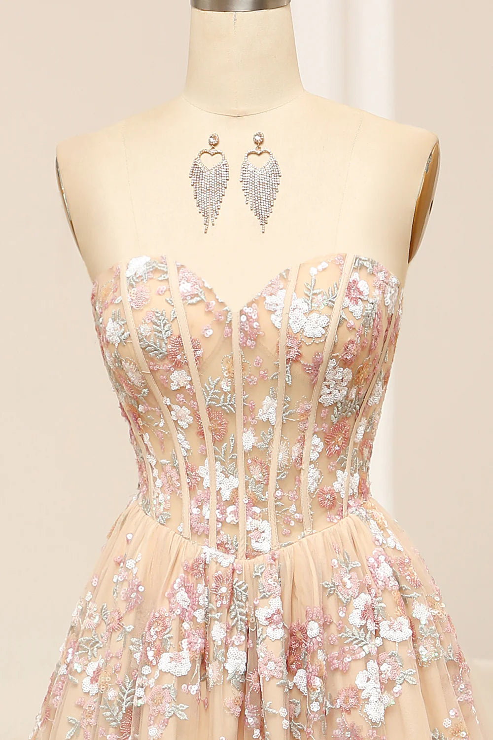 Champagne A Line Sweetheart Corset Prom Dress with Appliques