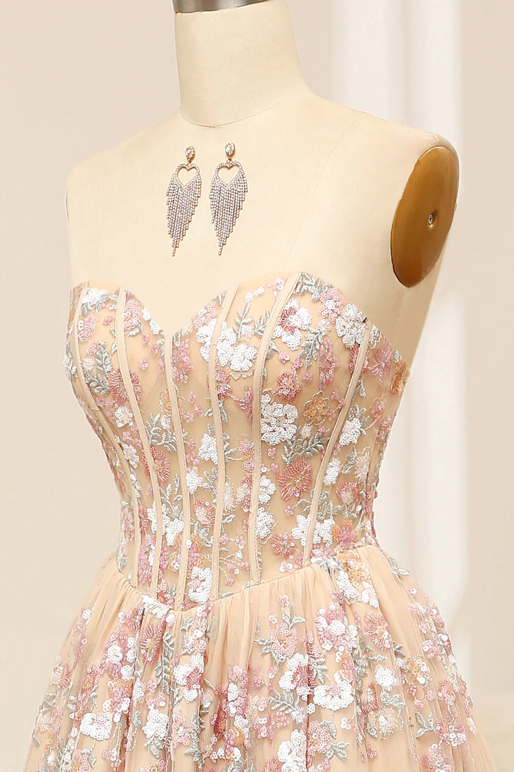 Champagne A Line Sweetheart Corset Prom Dress with Appliques