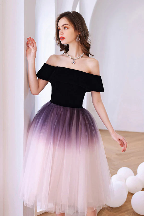 Cute Gradient Tulle Short Prom Dress Pageant Dress Off the Shoulder Evening Party Dress