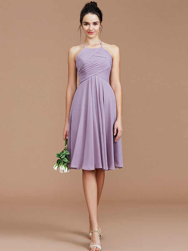 A-Line/Princess Halter Sleeveless Ruched Short/Mini Chiffon Bridesmaid Dresses