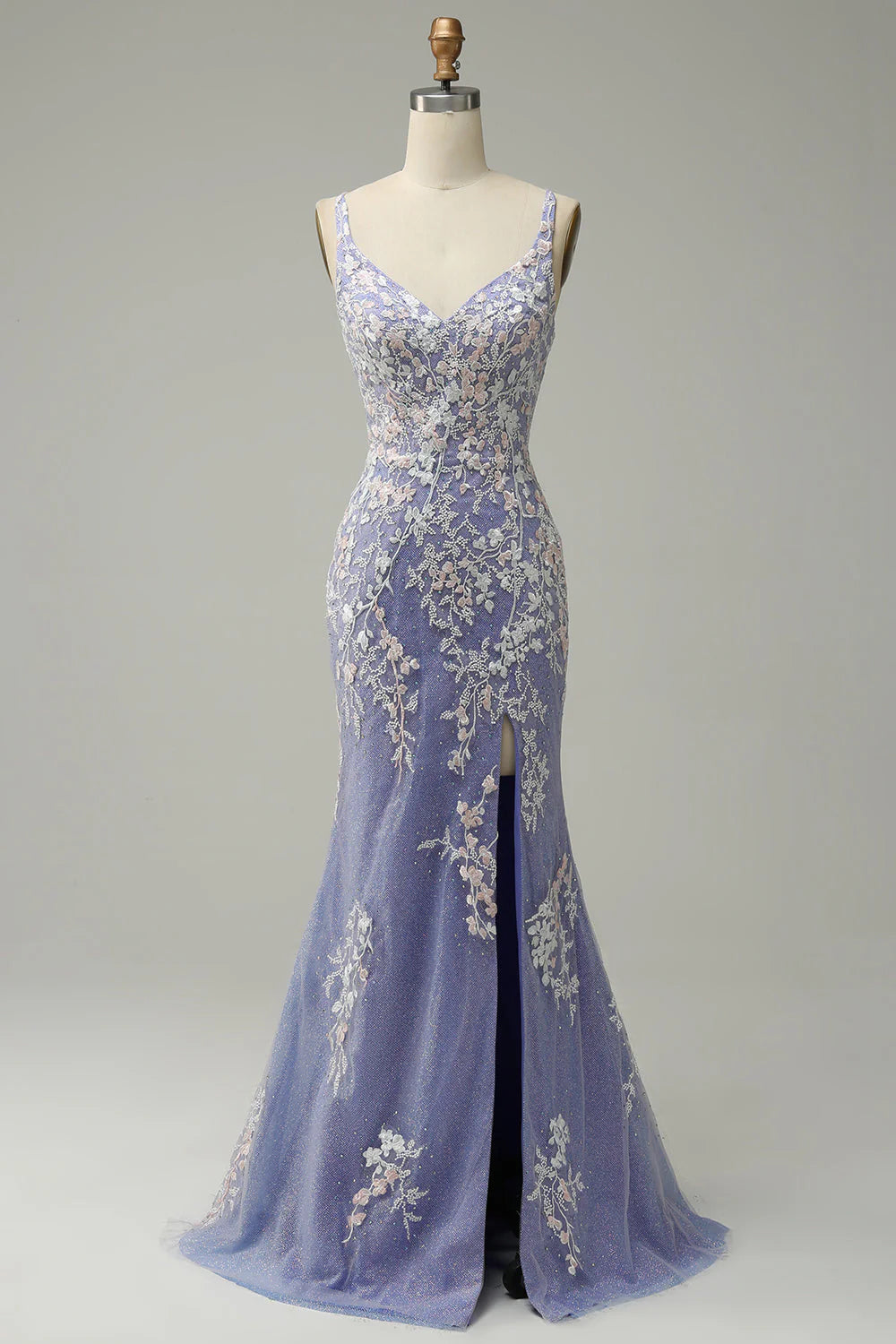 Beaira Mermaid V Neck Light Purple Long Prom Dress with Appliques Beading