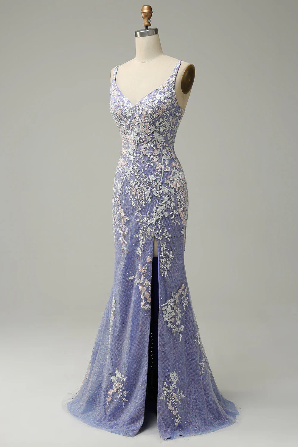 Beaira Mermaid V Neck Light Purple Long Prom Dress with Appliques Beading