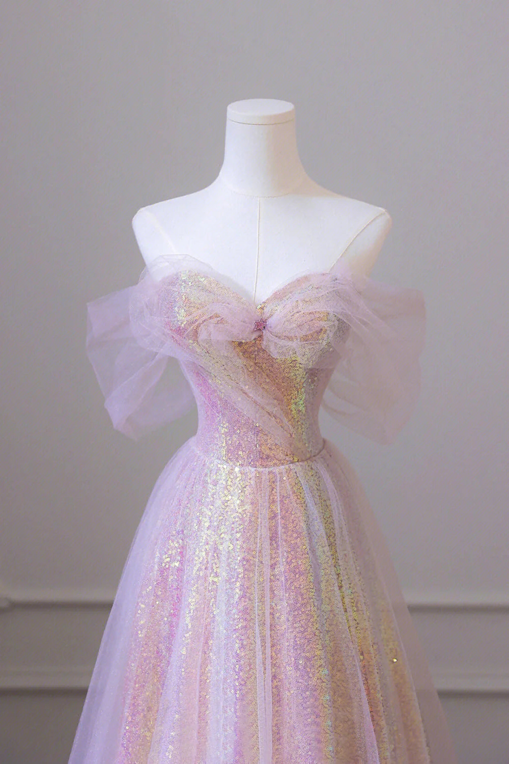 A Line Off the Shoulder Champagne Sequins Long Prom Dress