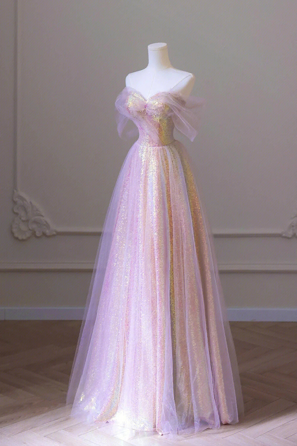 A Line Off the Shoulder Champagne Sequins Long Prom Dress