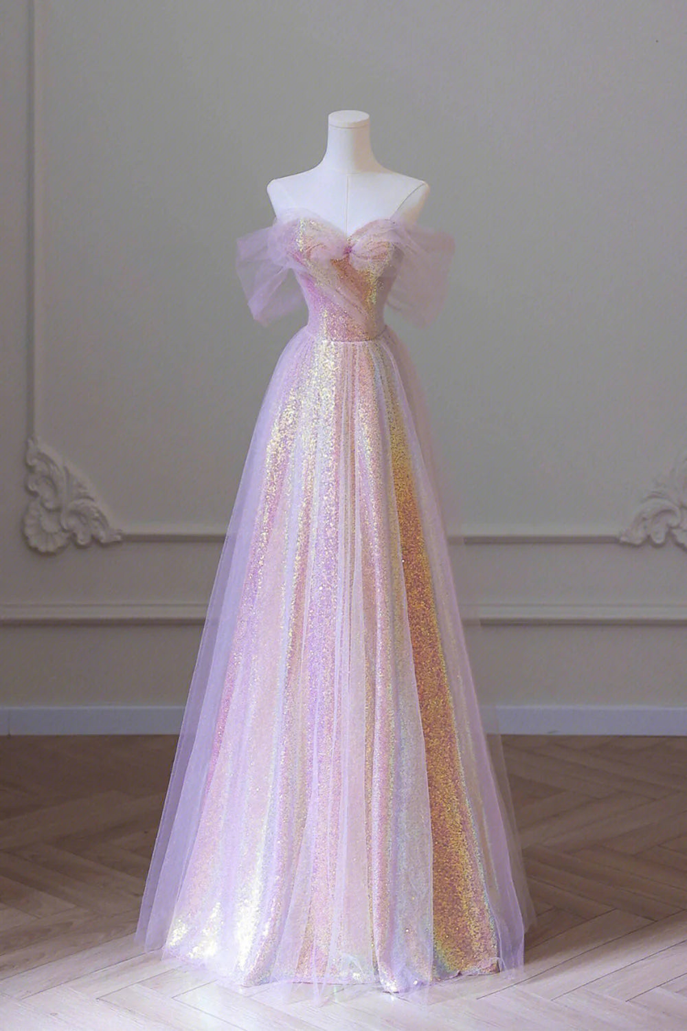 A Line Off the Shoulder Champagne Sequins Long Prom Dress
