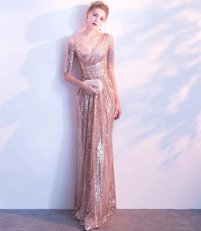 A Line Sequin V Neck V Back Sleeveless Pink Short Sleeves Evening Prom Dresses