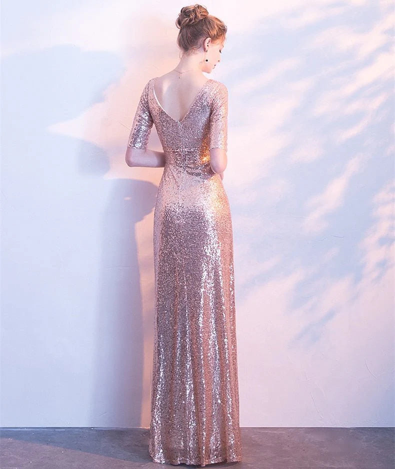 A Line Sequin V Neck V Back Sleeveless Pink Short Sleeves Evening Prom Dresses