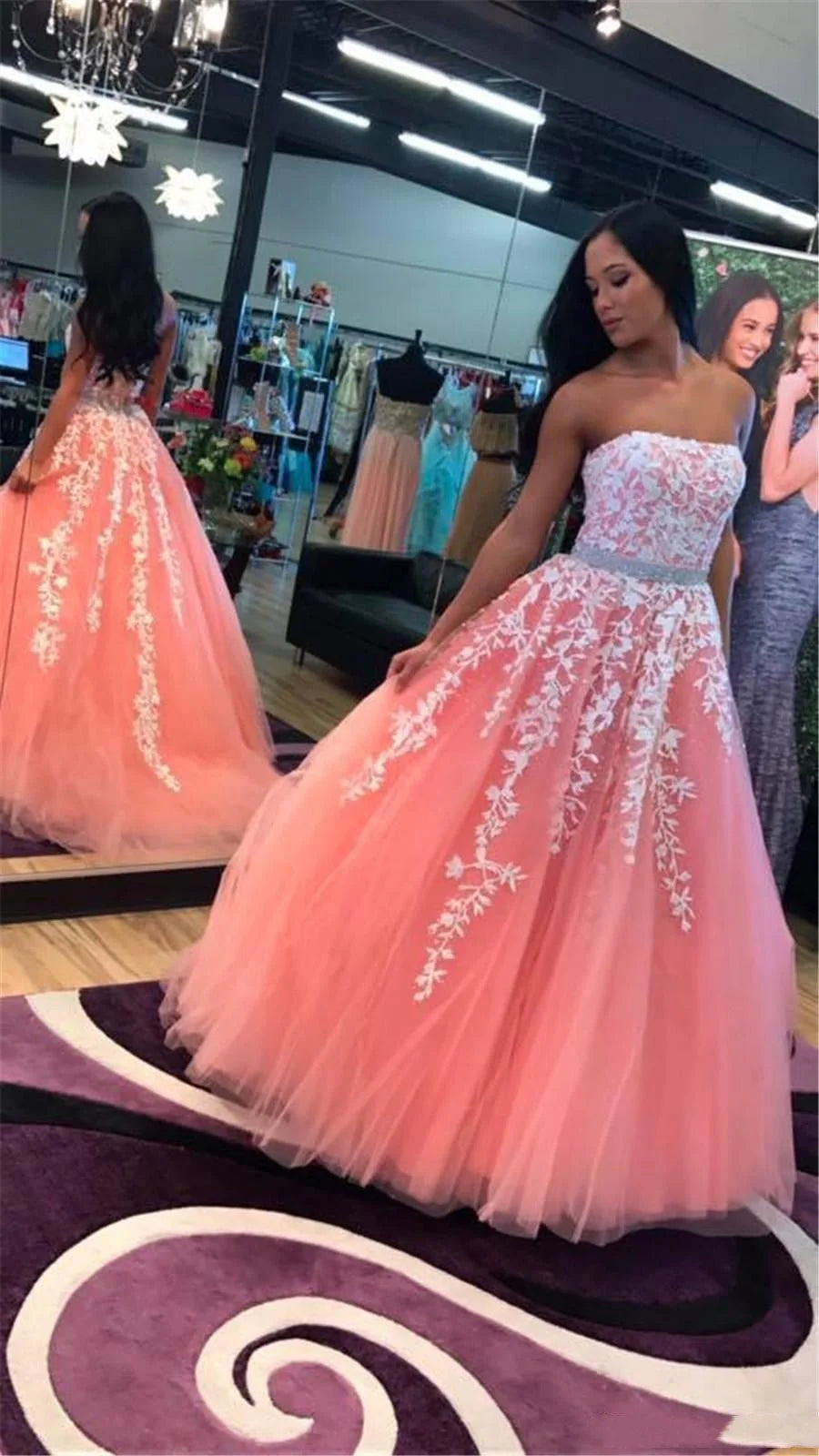 A Line Sky Blue Strapless Lace Appliques Tulle Beads Pockets Floor Length Prom Dresses