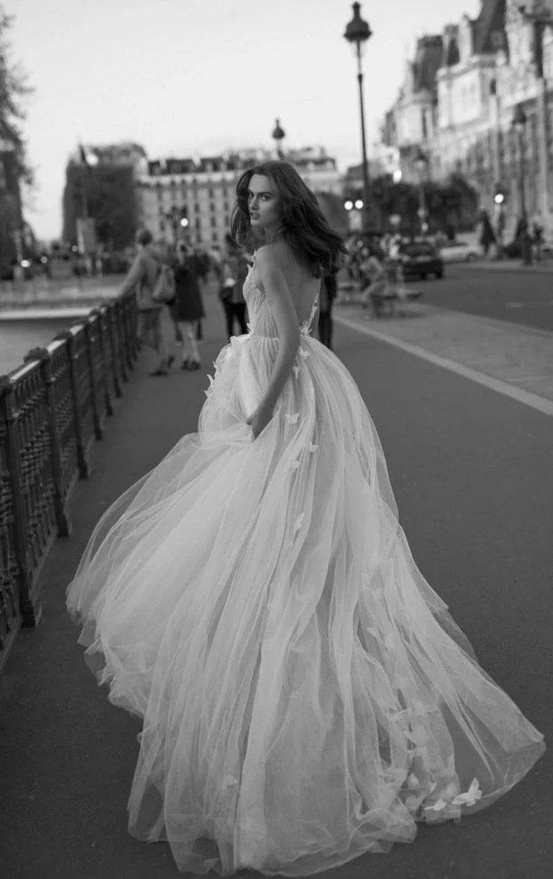 A Line Tulle Open Back Butterfly Sleeveless Wedding Dresses