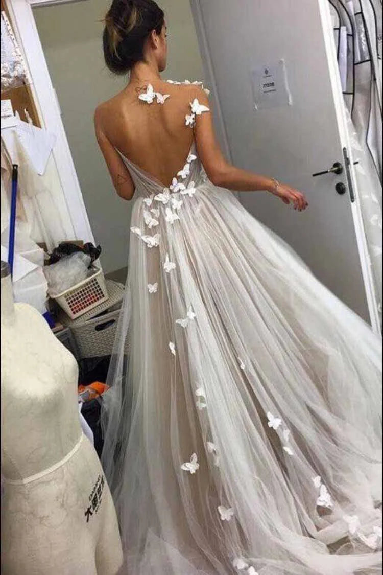A Line Tulle Open Back Butterfly Sleeveless Wedding Dresses