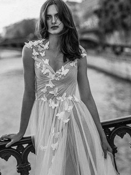 A Line Tulle Open Back Butterfly Sleeveless Wedding Dresses