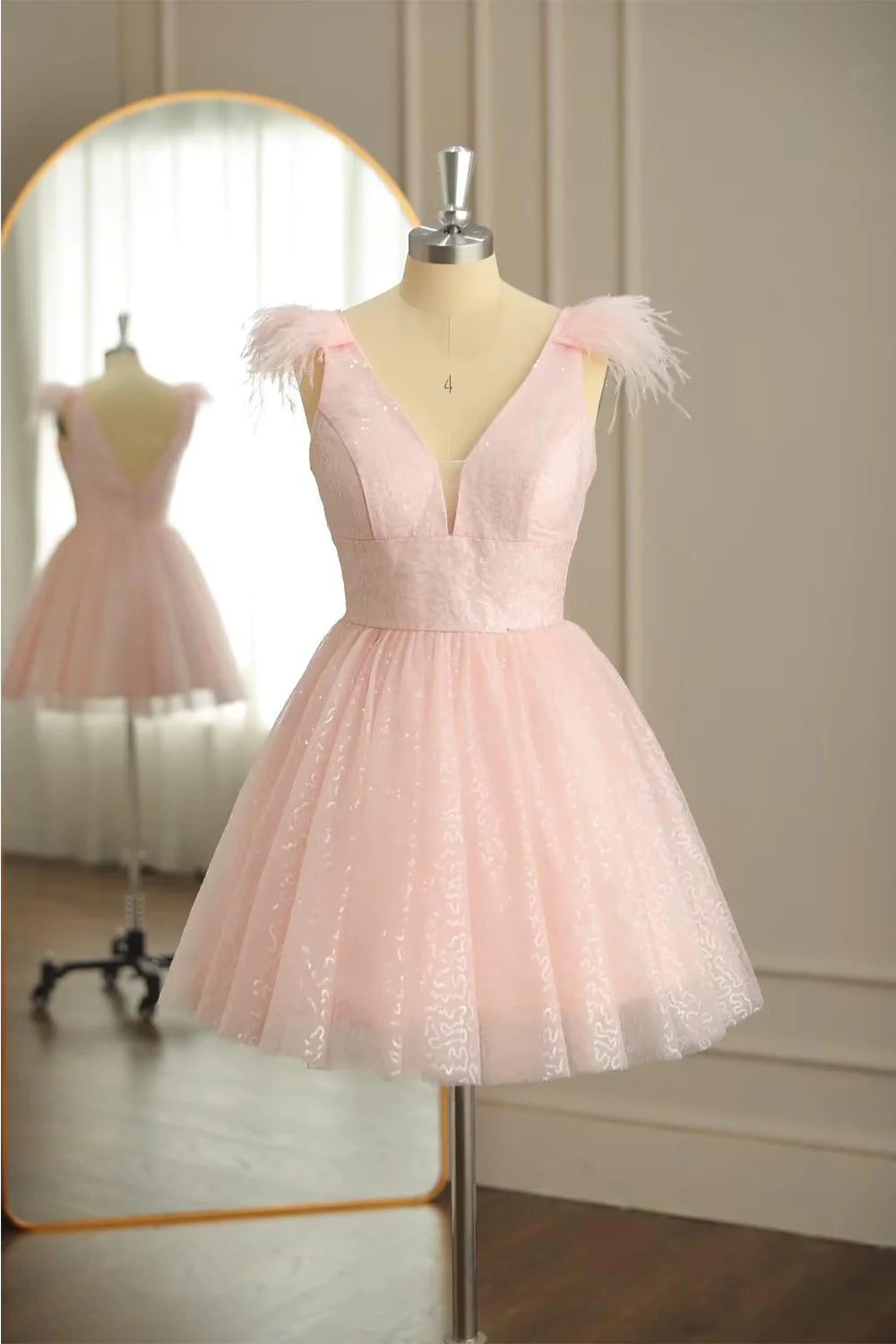 A Line V Neck Feather Homecoming Dress, Tulle Short Cocktail Dresses