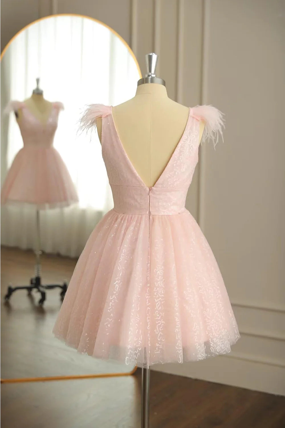 A Line V Neck Feather Homecoming Dress, Tulle Short Cocktail Dresses
