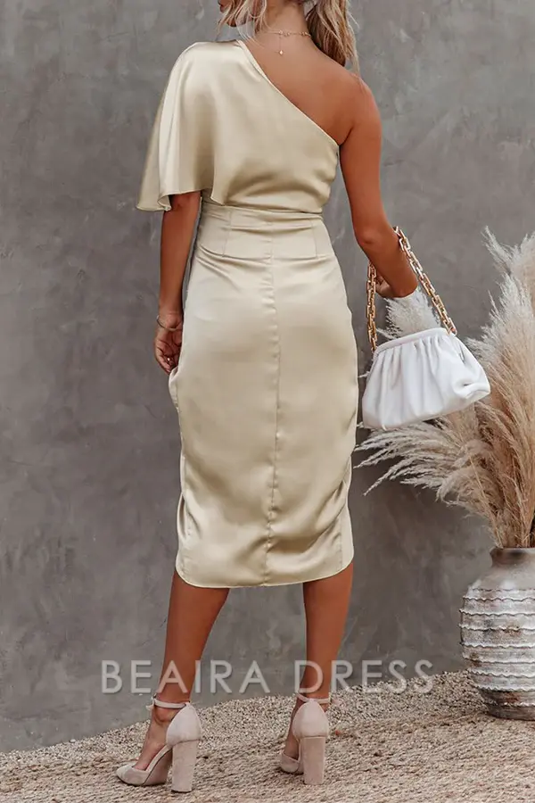 Beaira Elegant Solid Patchwork Fold Oblique Collar Evening Dress Dresses formal wear dresses - Gold