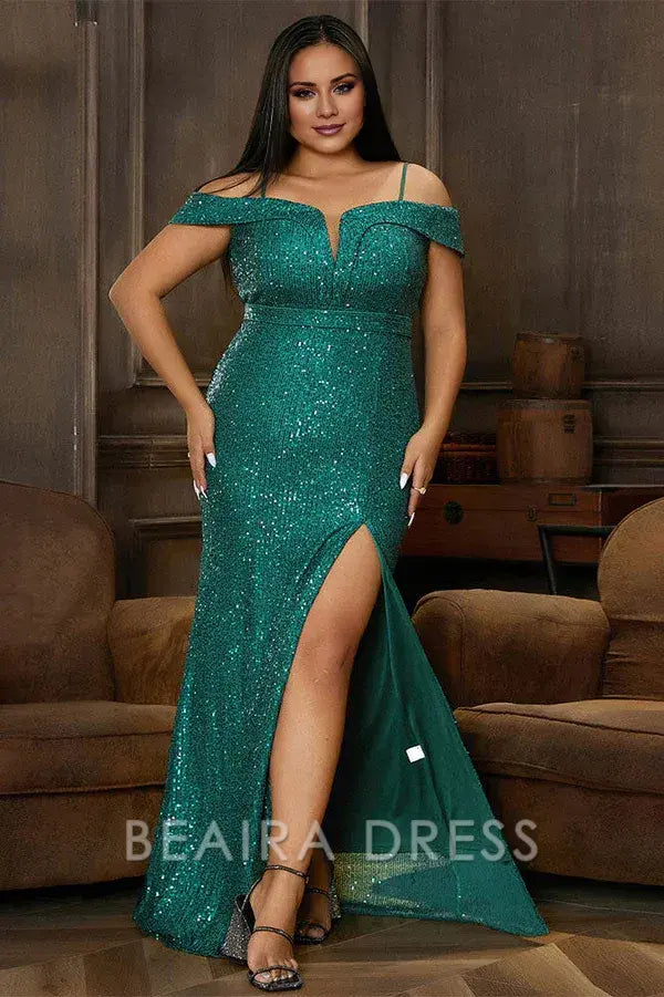 Beaira Plus Size High Split Prom Gown Evening Dresses formal wear dresses - Green
