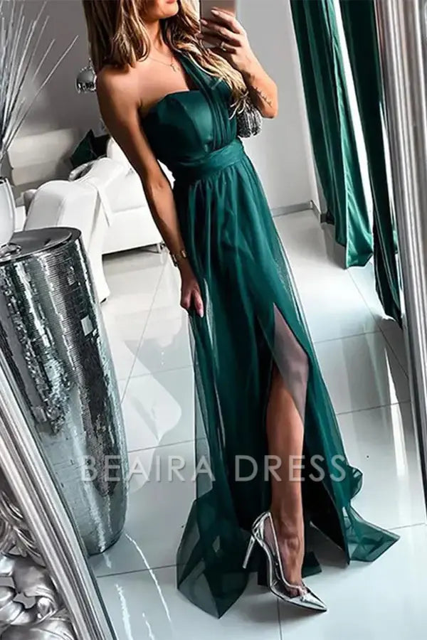 Beaira Sexy Prom Slit Mesh Sloping Shoulder Evening Dresses formal wear dresses - Ink Green