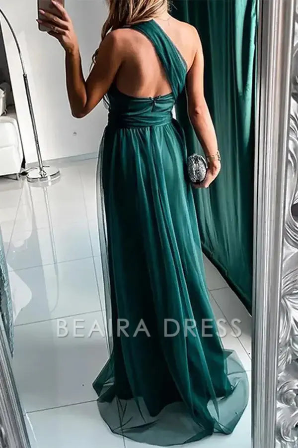 Beaira Sexy Prom Slit Mesh Sloping Shoulder Evening Dresses formal wear dresses - Ink Green