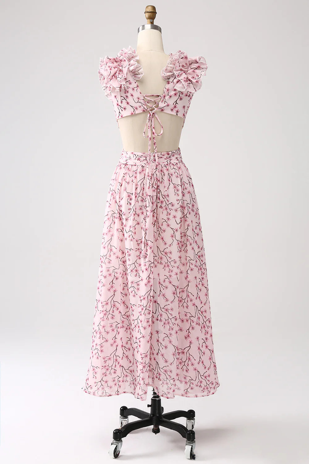 Pink Floral A-Line Deep V-Neck Pleated Backless Prom Dress