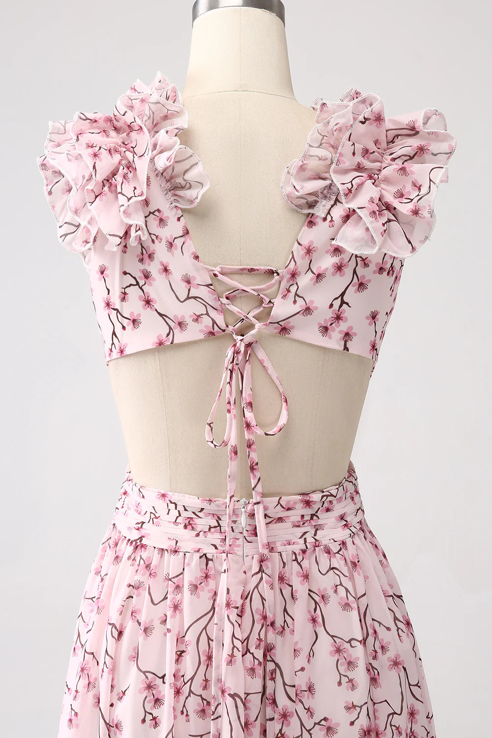 Pink Floral A-Line Deep V-Neck Pleated Backless Prom Dress