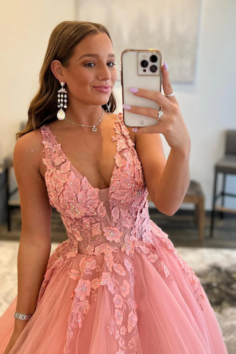 A Line V Neck Tulle Lace Appliques Long Blush Open Back Prom Dresses