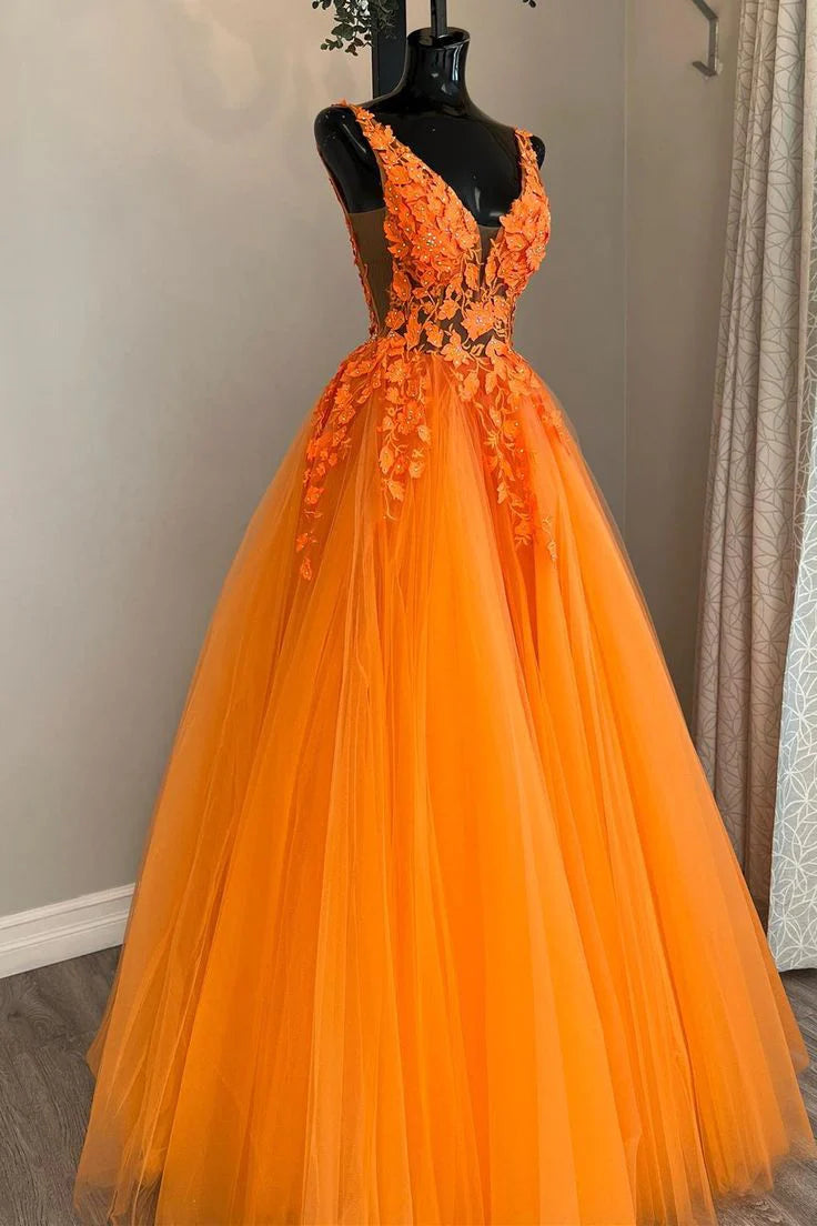 A Line V Neck Tulle Lace Appliques Long Blush Open Back Prom Dresses