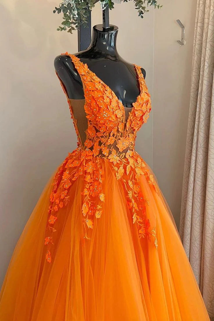 A Line V Neck Tulle Lace Appliques Long Blush Open Back Prom Dresses