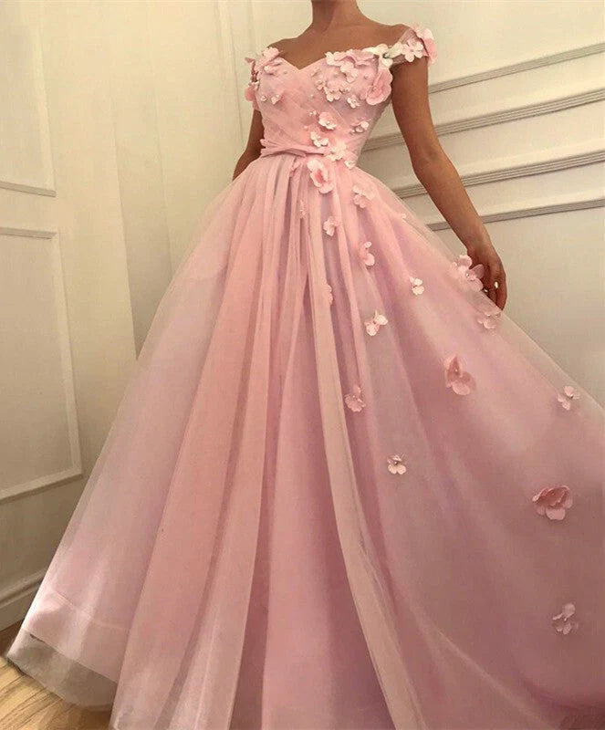 V Neck Off the Shoulder Prom Dresses Long Tulle Evening Gowns