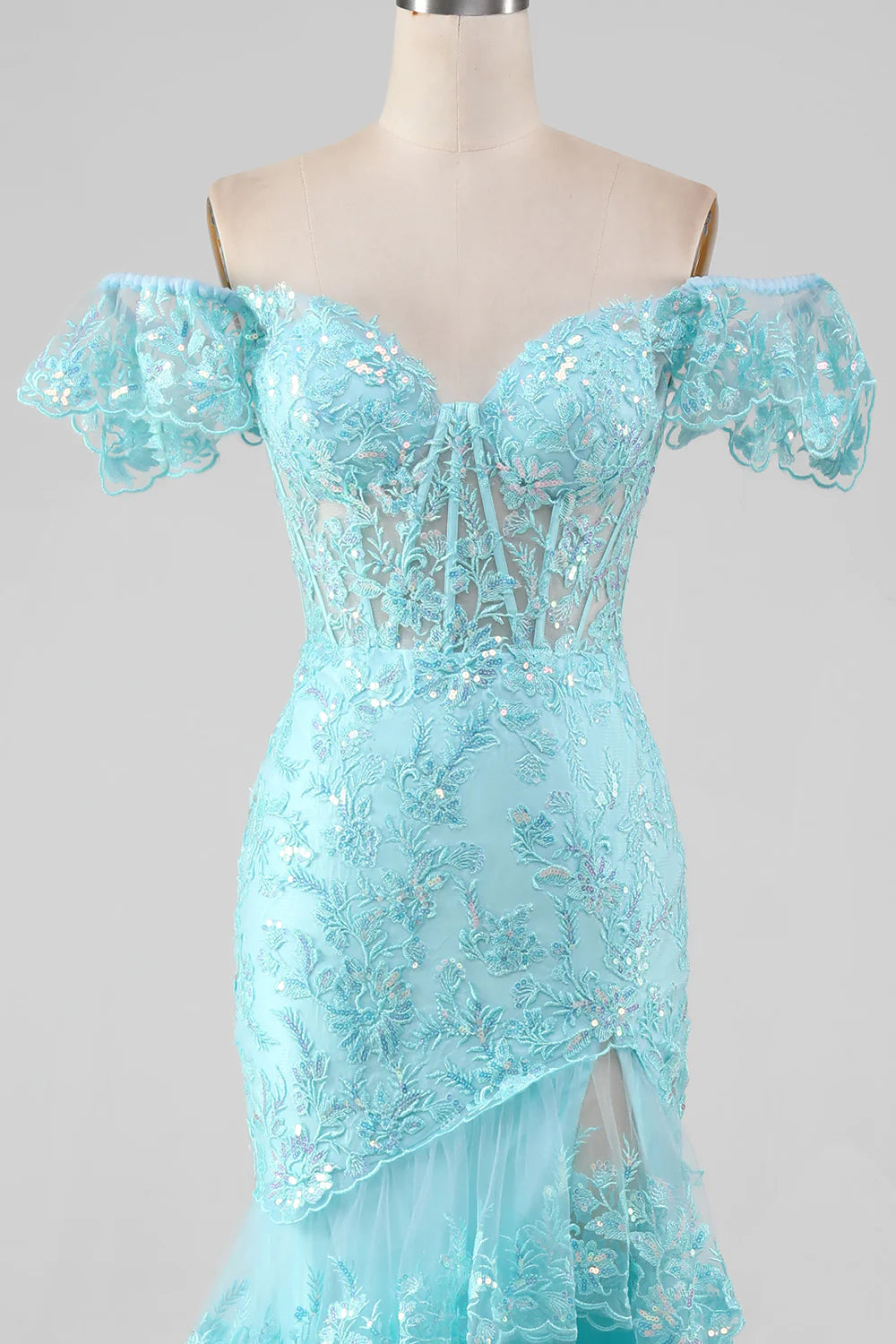 Off the Shoulder Lace and Sequin Mermaid Prom Dress with Slit