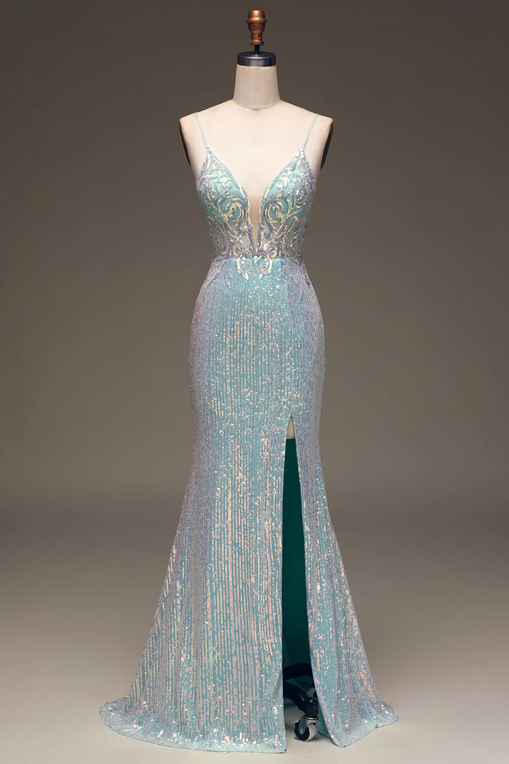 Beaira Sparkly Mermaid Grey Blue Prom Dress with Slit