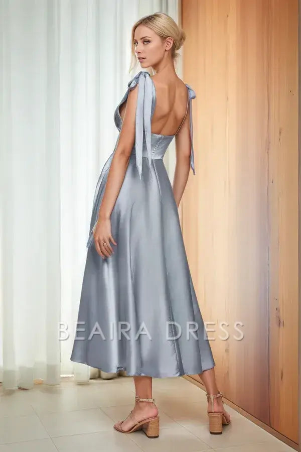 Beaira Modern A-Line V Neck Straps Sleeveless Pleated Prom Dress Open Back Tea Length Bridesmaids Dress