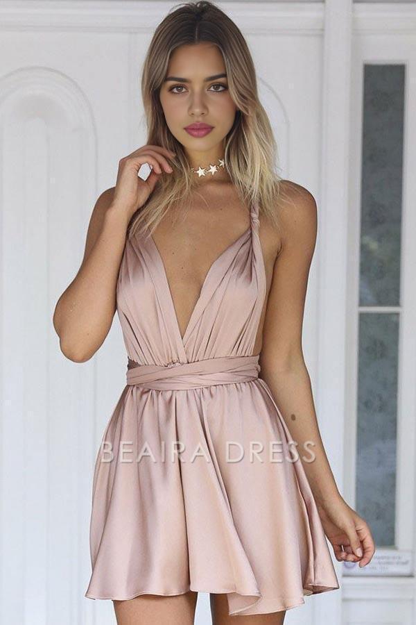 Beaira A-Line V-Neck Convertible Style Short Pearl Pink Homecoming Dress formal wear dresses
