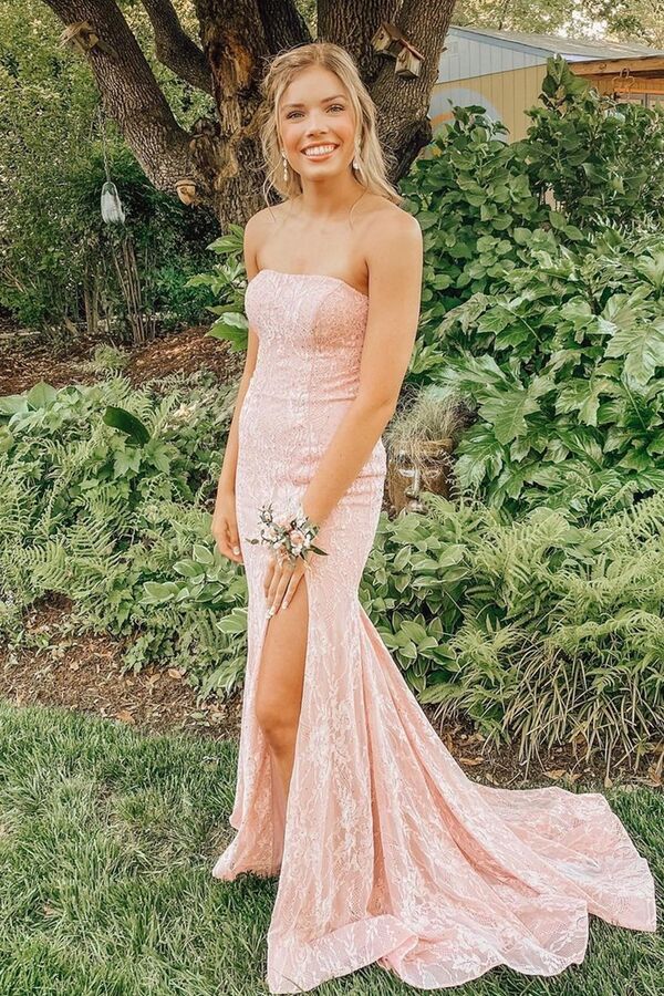 Mermaid Prom Dress Strapless Slit Lace Long Evening Dress
