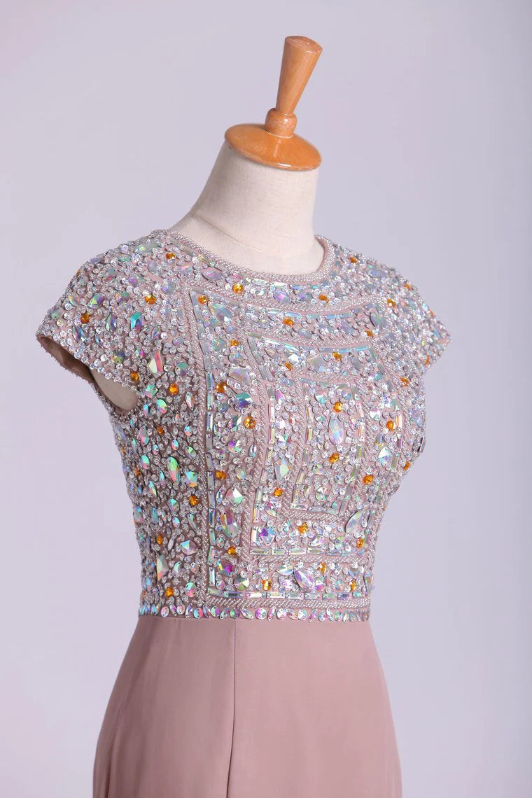 Scoop Party Dresses Beaded Bodice Chiffon Trumpet Sweep Train