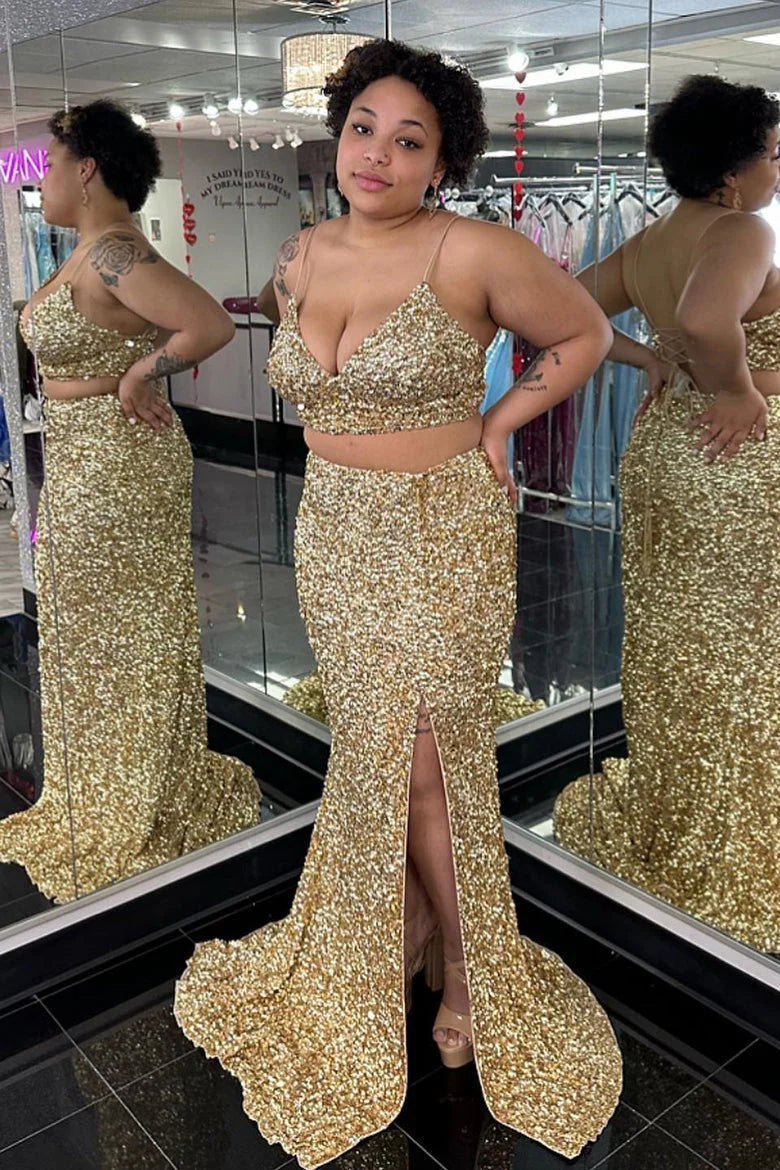 Sequin Two Pieces Prom Dress Fashion Sexy Custom Made Evening Dress