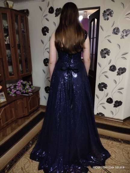 A Line Navy Blue Sequined Cheap Prom Dress with Split