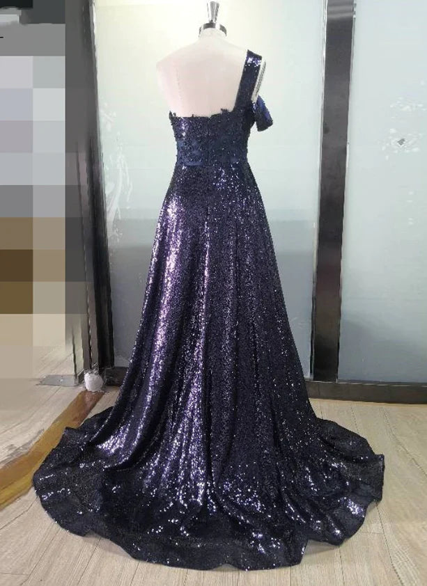 A Line Navy Blue Sequined Cheap Prom Dress with Split