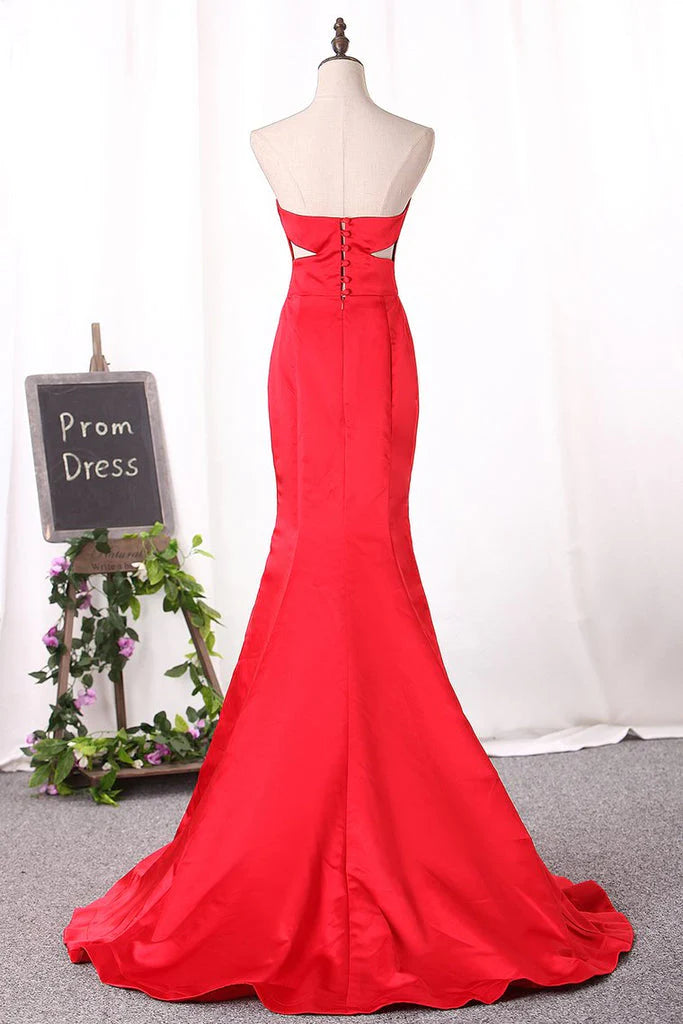 Sweetheart Party Dresses Mermaid Satin Ruched Bodice Sweep Train