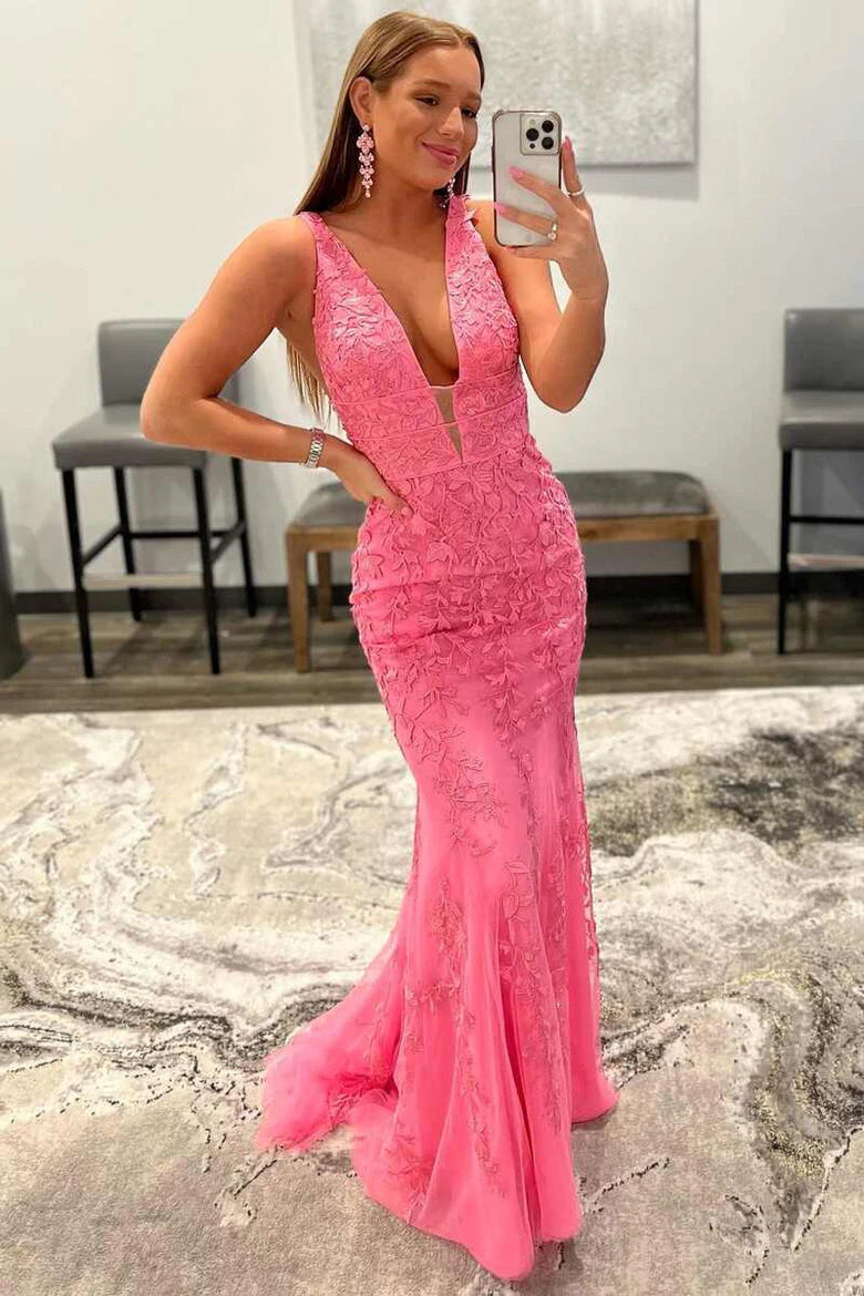 V Neck Prom Dresses Mermaid Lace With Applique And Sash Sweep Train